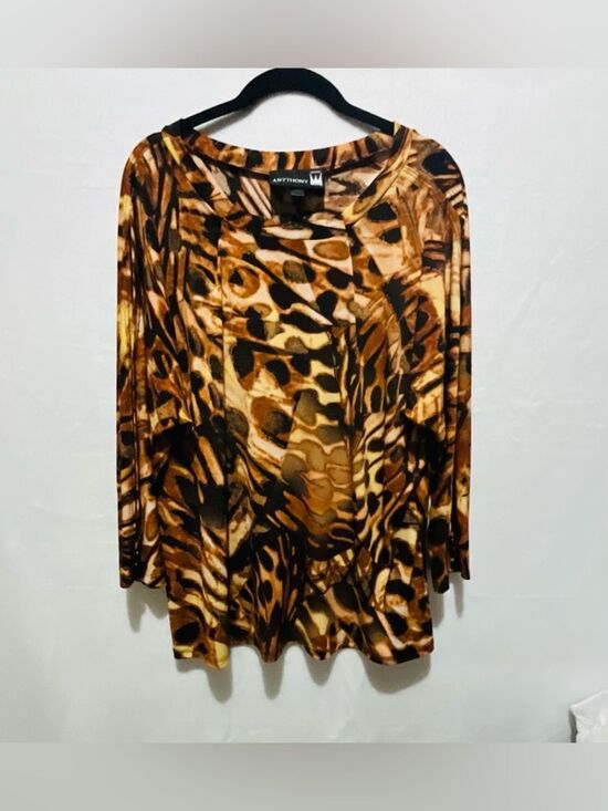 Antthony Tops - ANTTHONY Abstract Butterfly Animal Print Tunic Top Brown Gold Size L 3/4 Sleeve
